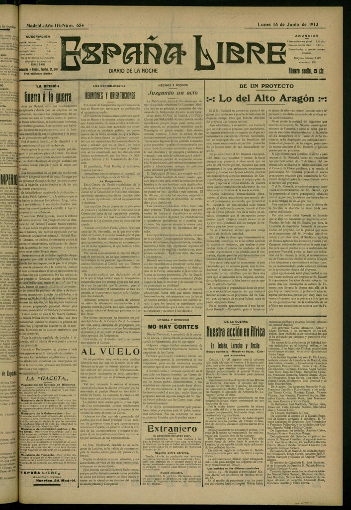Miniatura de España Libre : Diario de la noche del 16 de junio de 1913, nº 654