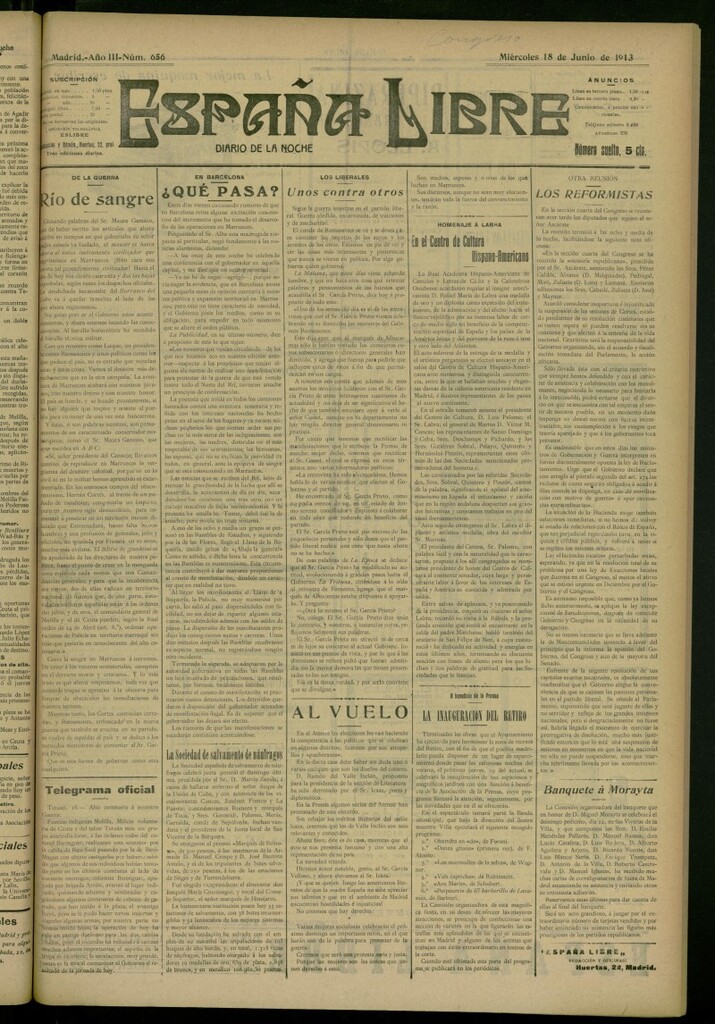 Miniatura de España Libre : Diario de la noche del 18 de junio de 1913, nº 656