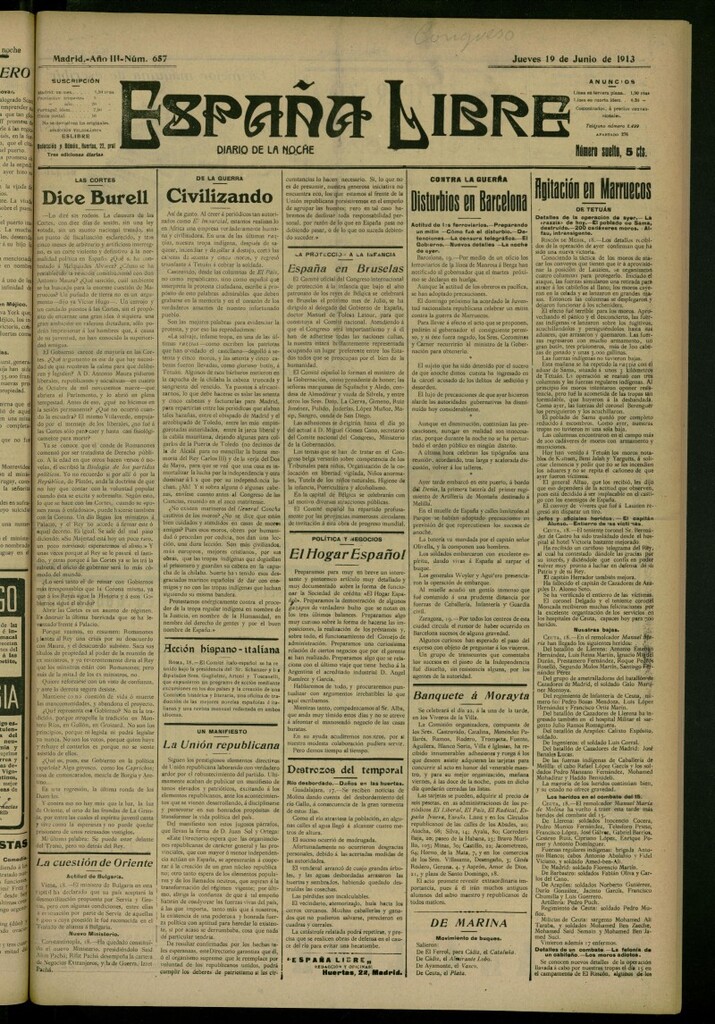 Miniatura de España Libre : Diario de la noche del 19 de junio de 1913, nº 657