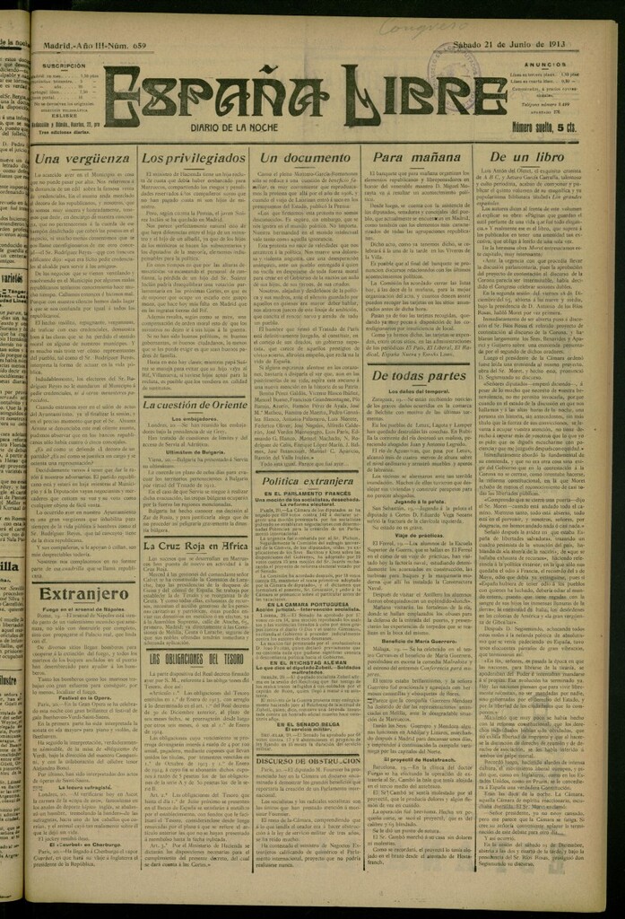 Miniatura de España Libre : Diario de la noche del 21 de junio de 1913, nº 659