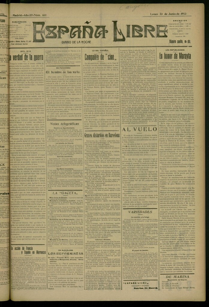 Miniatura de España Libre : Diario de la noche del 23 de junio de 1913, nº 661