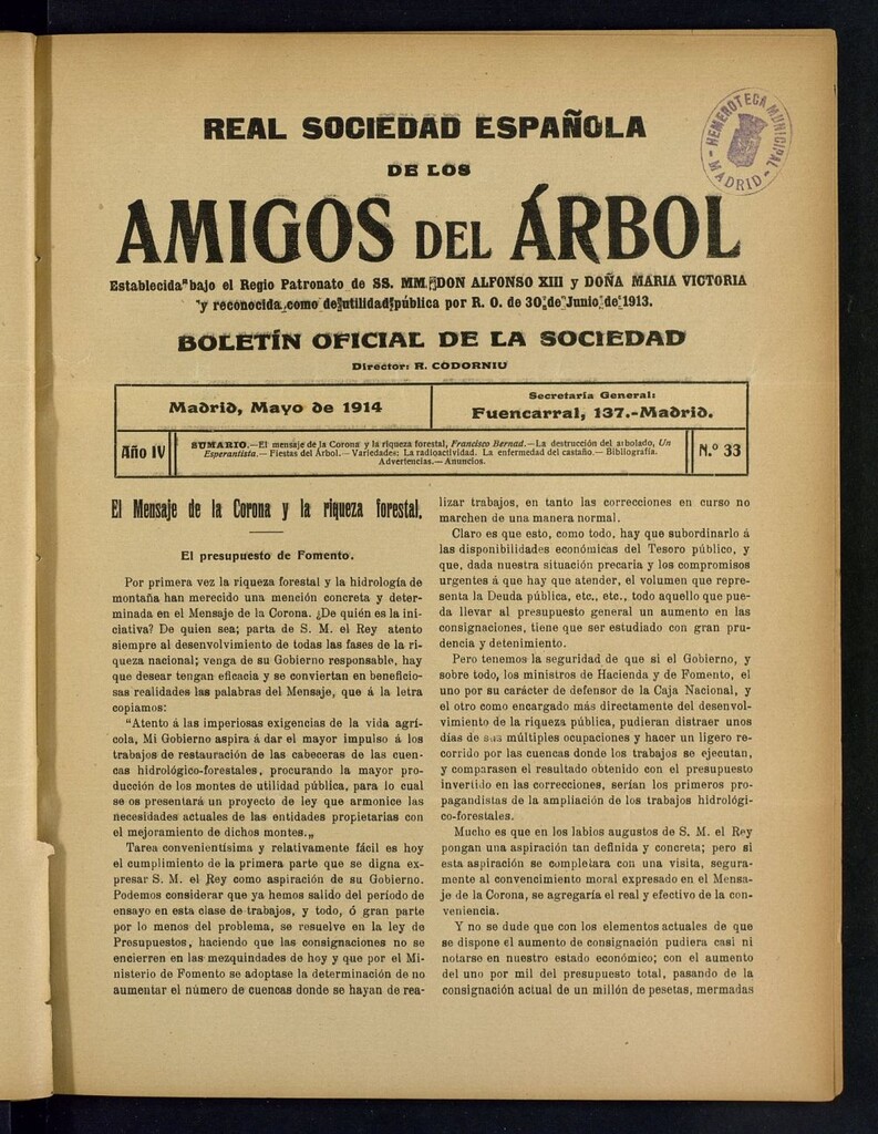 Miniatura de Boletín Comisión organizadora de la Sociedad Española de los amigos del árbol de mayo de 1914