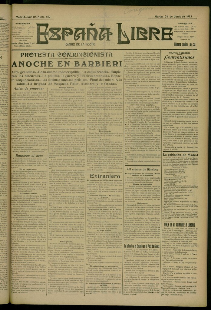 Miniatura de España Libre : Diario de la noche del 24 de junio de 1913, nº 662