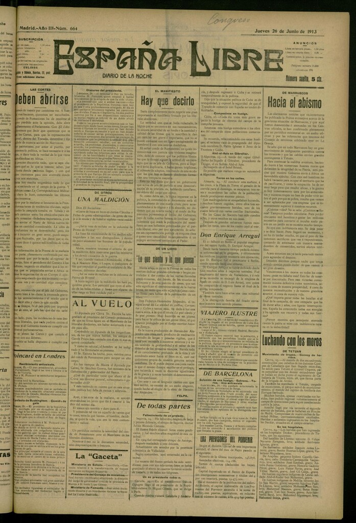Miniatura de España Libre : Diario de la noche del 26 de junio de 1913, nº 664