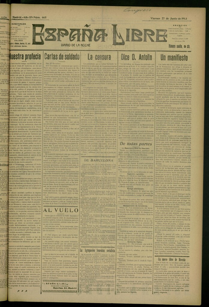 Miniatura de España Libre : Diario de la noche del 27 de junio de 1913, nº 665
