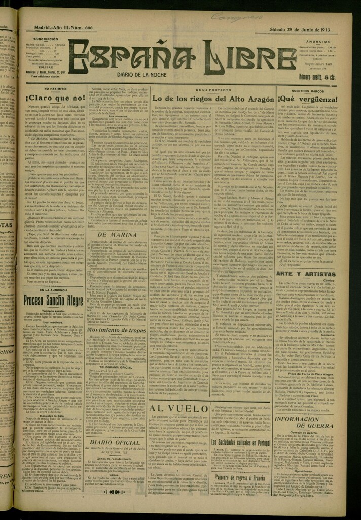 Miniatura de España Libre : Diario de la noche del 28 de junio de 1913, nº 666
