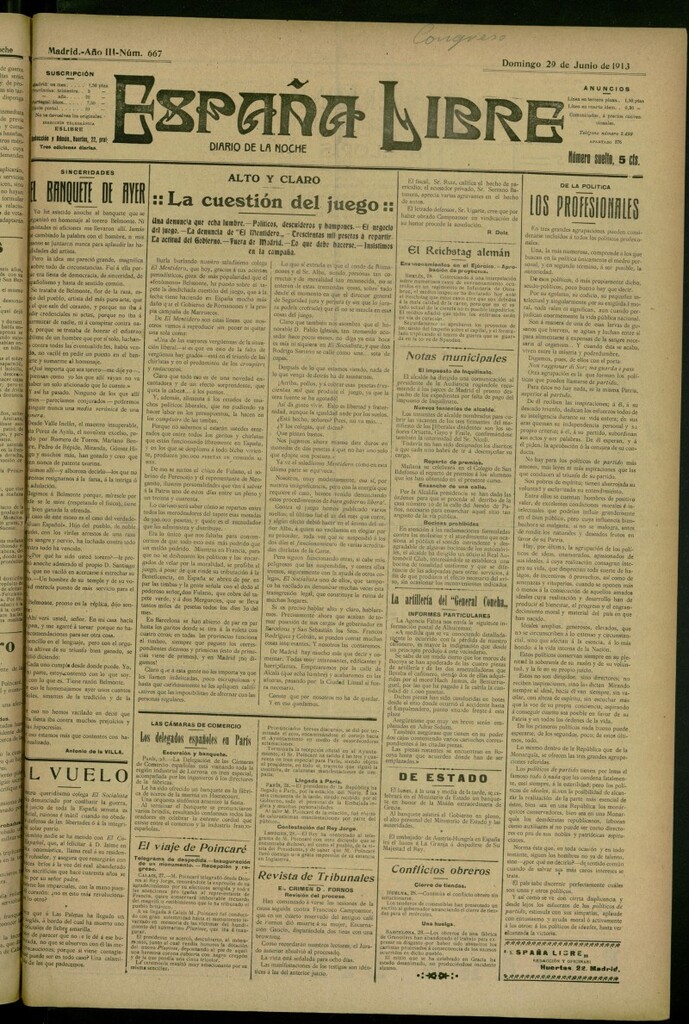 Miniatura de España Libre : Diario de la noche del 29 de junio de 1913, nº 667
