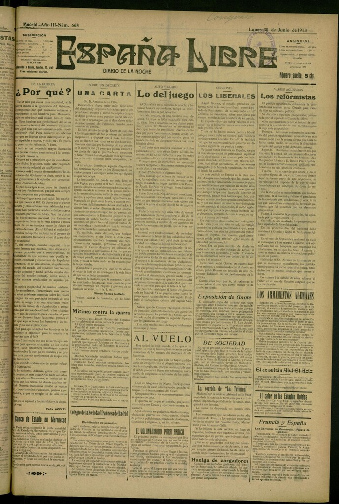 Miniatura de España Libre : Diario de la noche del 30 de junio de 1913, nº 668