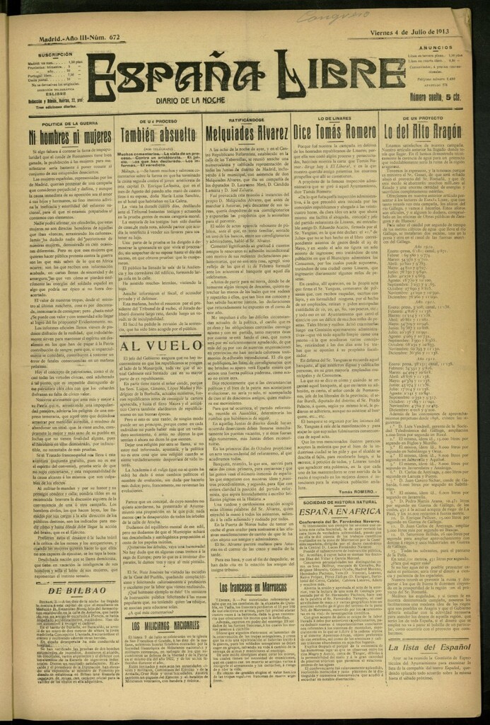Miniatura de España Libre : Diario de la noche del 4 de julio de 1913, nº 672