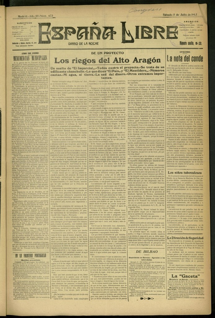 Miniatura de España Libre : Diario de la noche del 5 de julio de 1913, nº 673