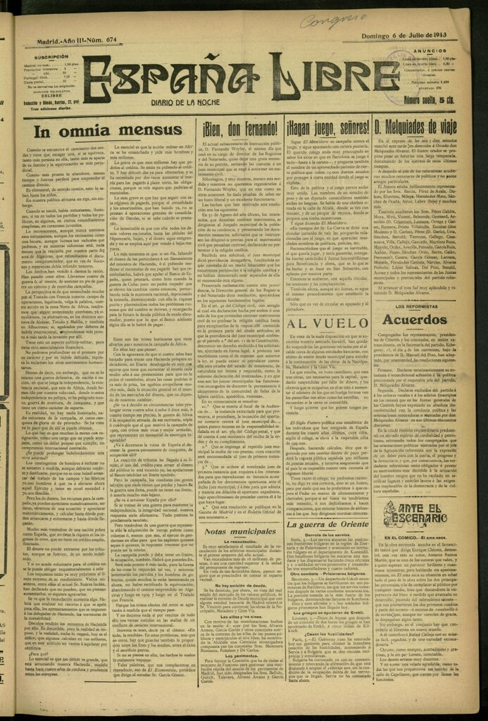 Miniatura de España Libre : Diario de la noche del 6 de julio de 1913, nº 674