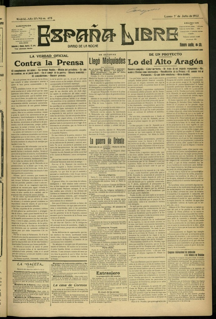Miniatura de España Libre : Diario de la noche del 7 de julio de 1913, nº 675
