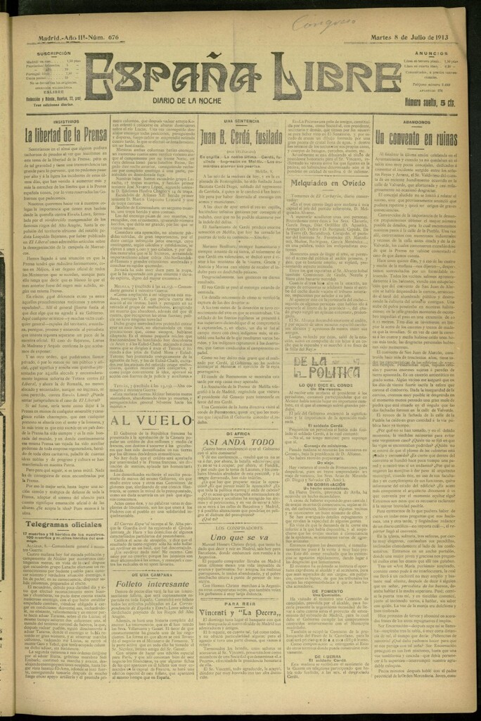 Miniatura de España Libre : Diario de la noche del 8 de julio de 1913, nº 676