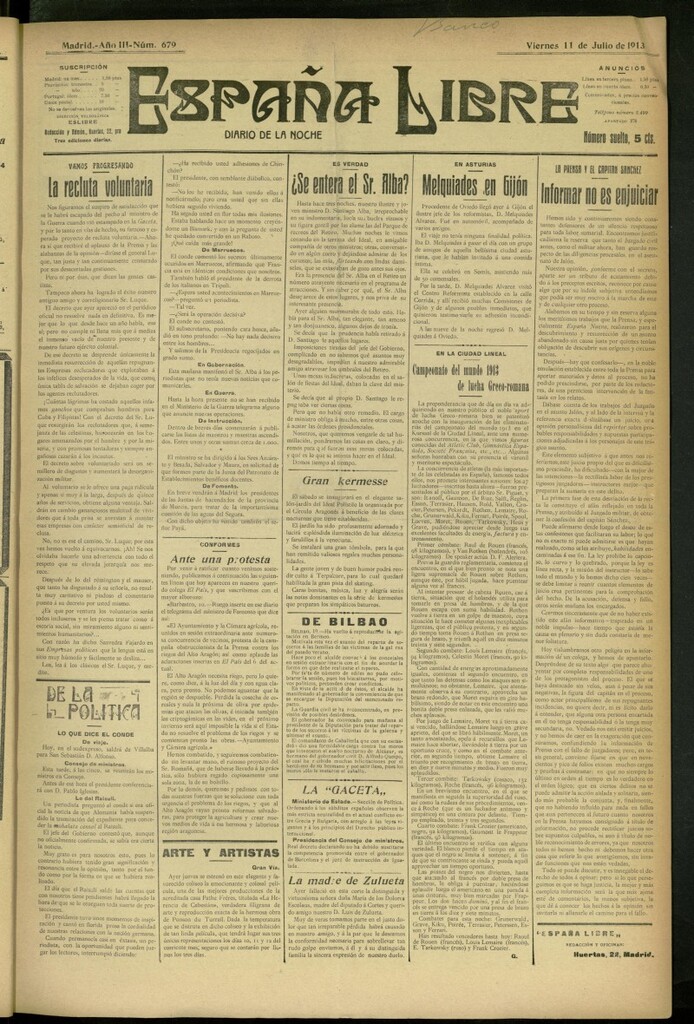 Miniatura de España Libre : Diario de la noche del 11 de julio de 1913, nº 679