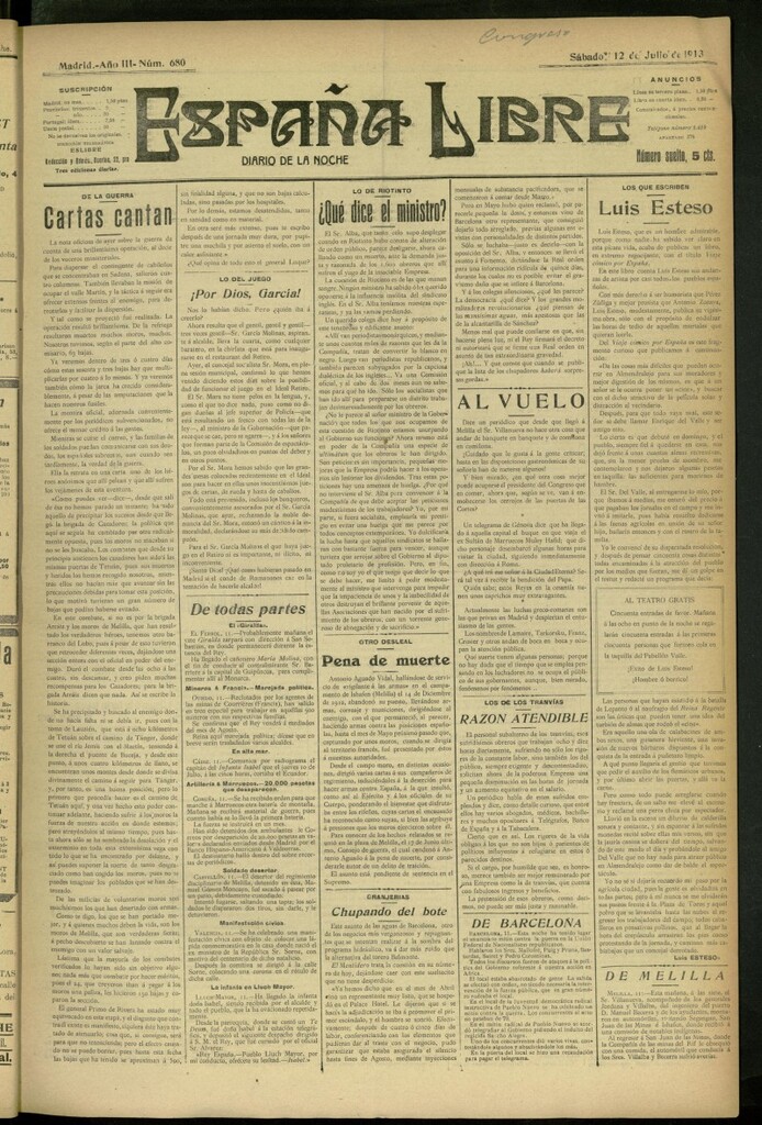 Miniatura de España Libre : Diario de la noche del 12 de julio de 1913, nº 680