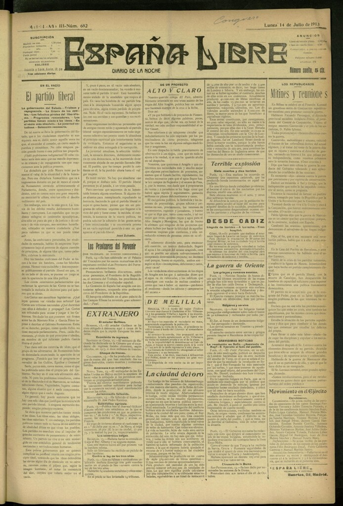 Miniatura de España Libre : Diario de la noche del 14 de julio de 1913, nº 682