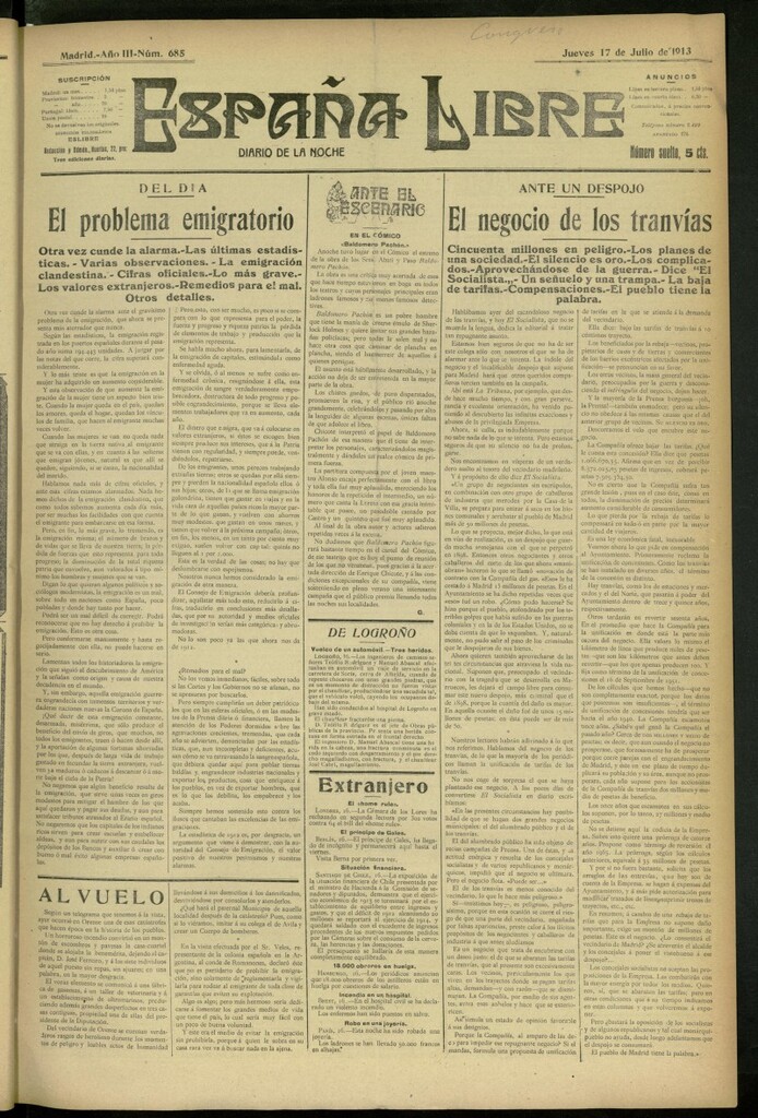 Miniatura de España Libre : Diario de la noche del 17 de julio de 1913, nº 685