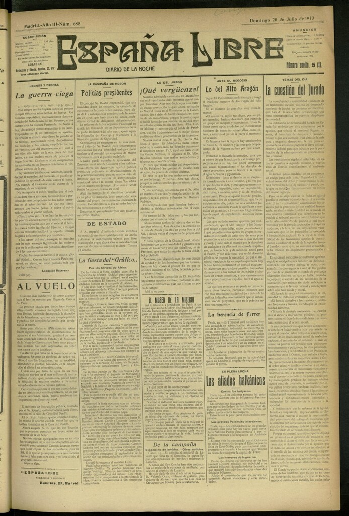 Miniatura de España Libre : Diario de la noche del 20 de julio de 1913, nº 688