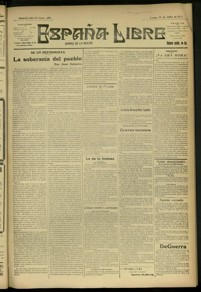 Miniatura de España Libre : Diario de la noche del 21 de julio de 1913, nº 689