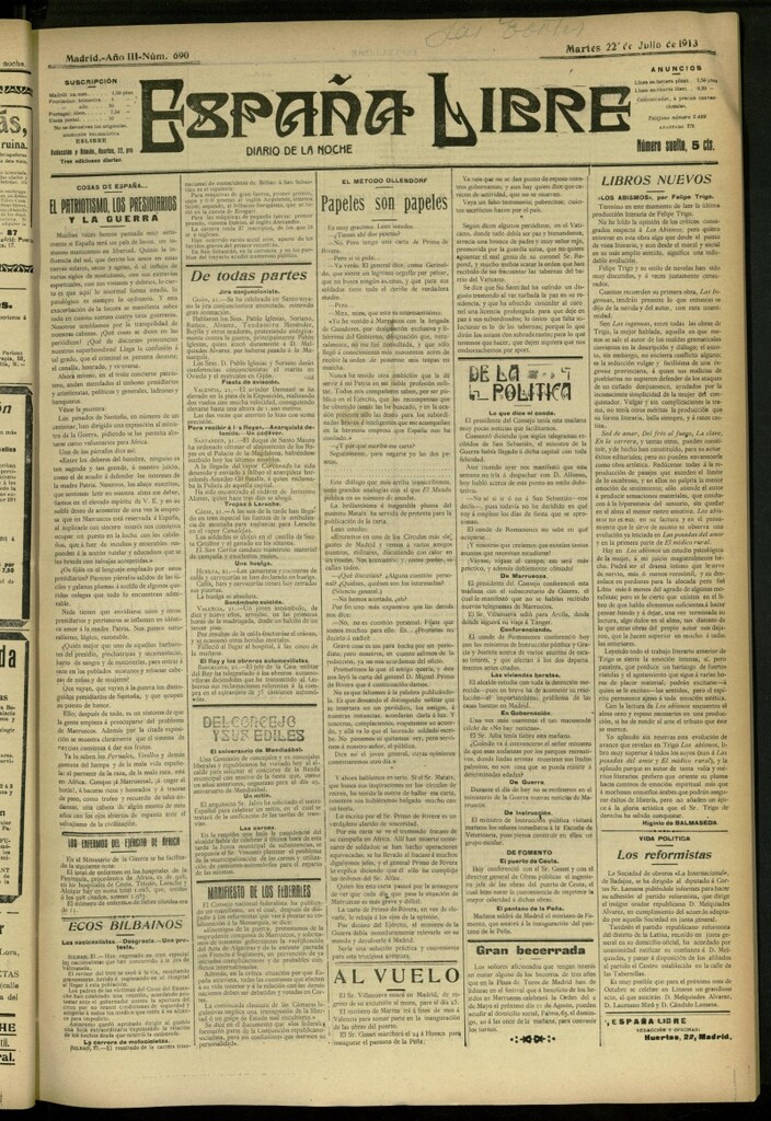 Miniatura de España Libre : Diario de la noche del 22 de julio de 1913, nº 690