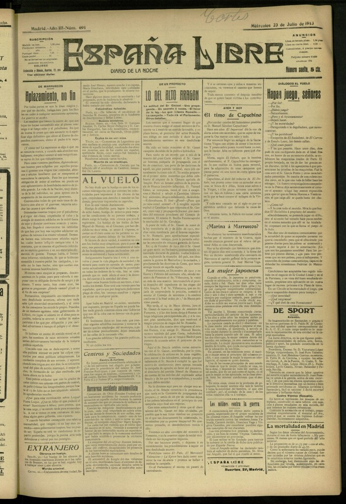 Miniatura de España Libre : Diario de la noche del 23 de julio de 1913, nº 691