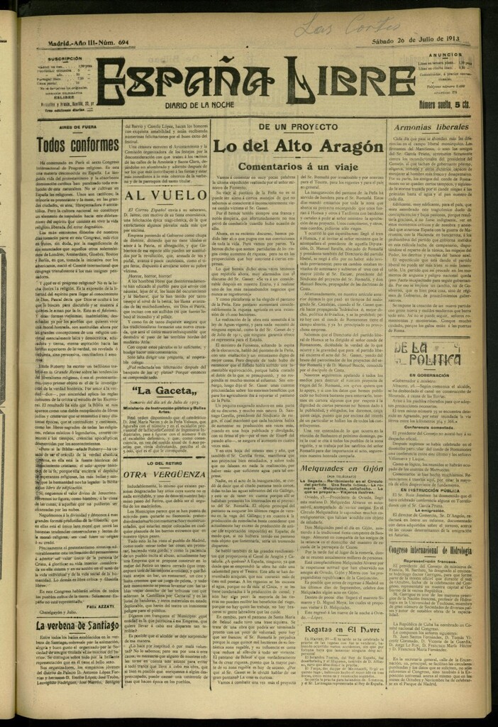 Miniatura de España Libre : Diario de la noche del 26 de julio de 1913, nº 694