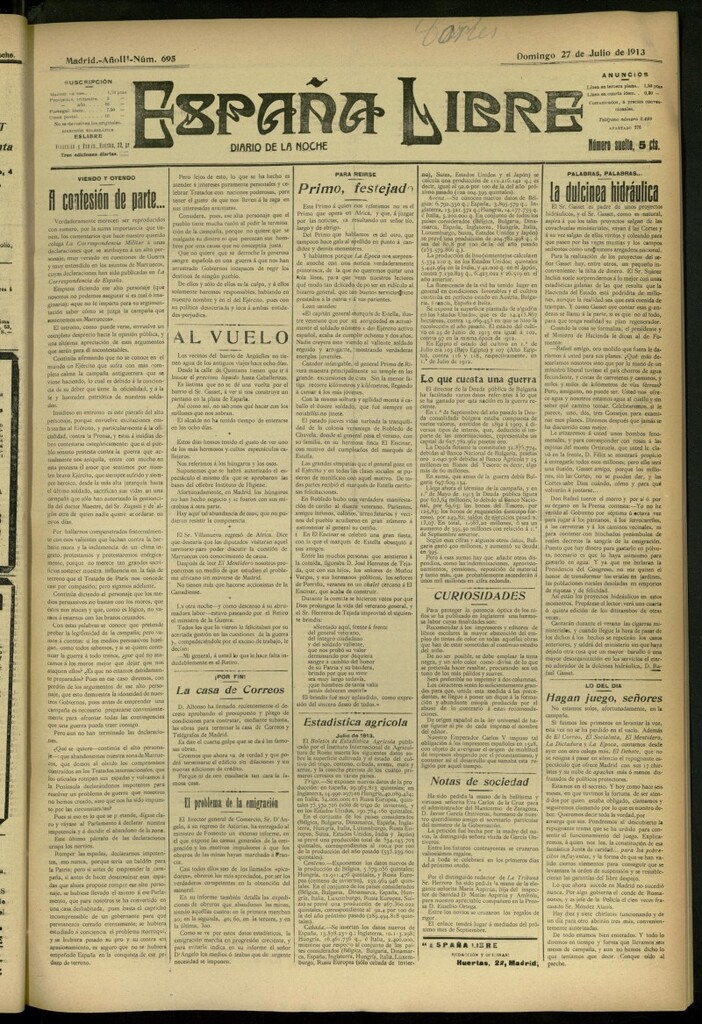 Miniatura de España Libre : Diario de la noche del 27 de julio de 1913, nº 695
