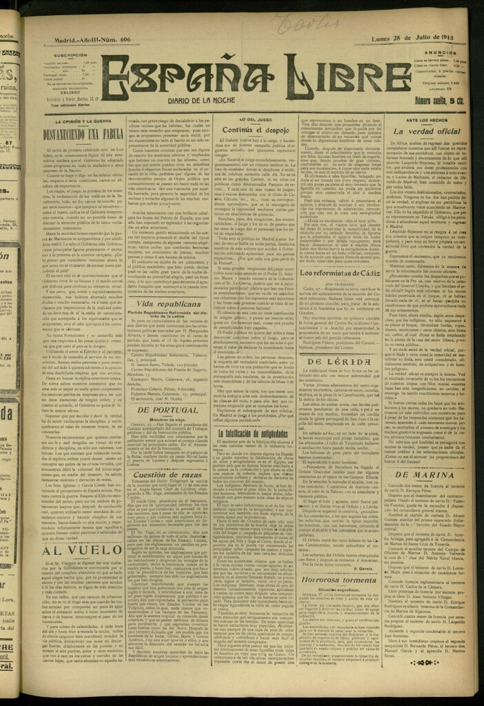 Miniatura de España Libre : Diario de la noche del 28 de julio de 1913, nº 696