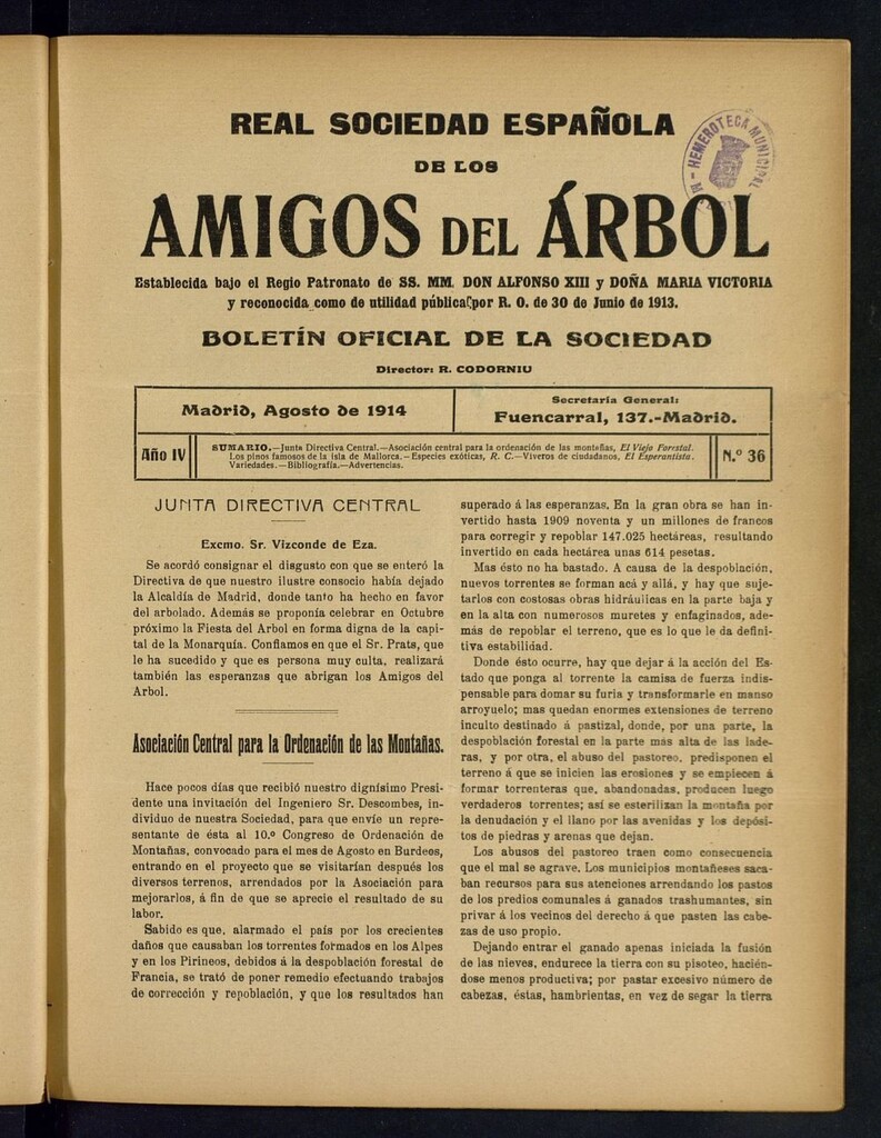Miniatura de Boletín Comisión organizadora de la Sociedad Española de los amigos del árbol de agosto de 1914