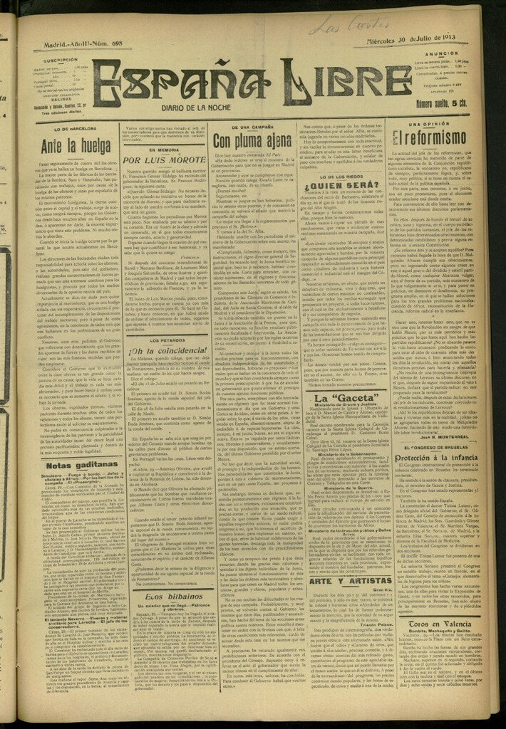 Miniatura de España Libre : Diario de la noche del 30 de julio de 1913, nº 698