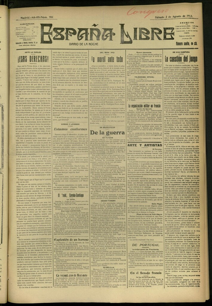Miniatura de España Libre : Diario de la noche del 2 de agosto de 1913, nº 701