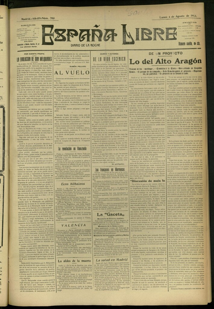 Miniatura de España Libre : Diario de la noche del 4 de agosto de 1913, nº 703