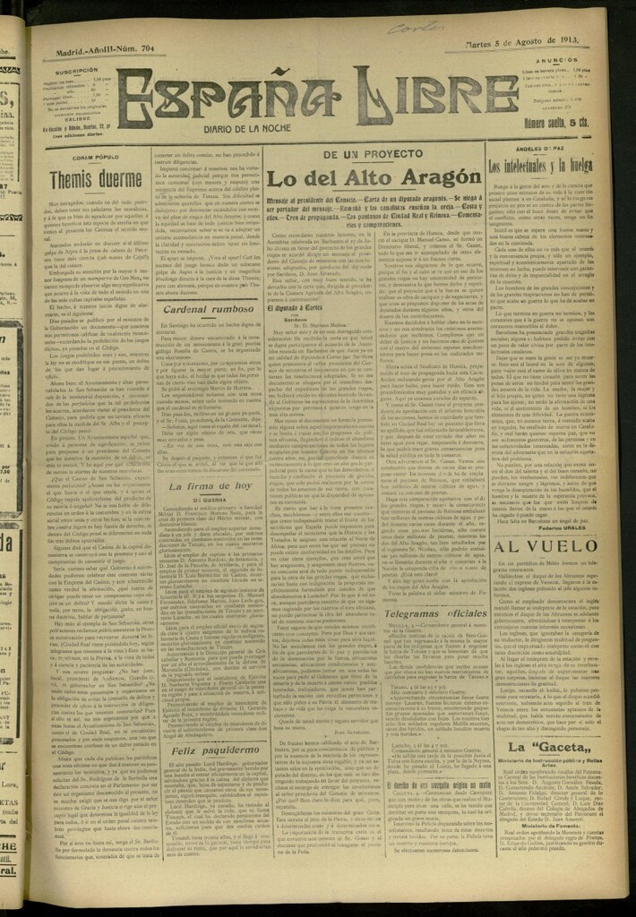 Miniatura de España Libre : Diario de la noche del 5 de agosto de 1913, nº 704