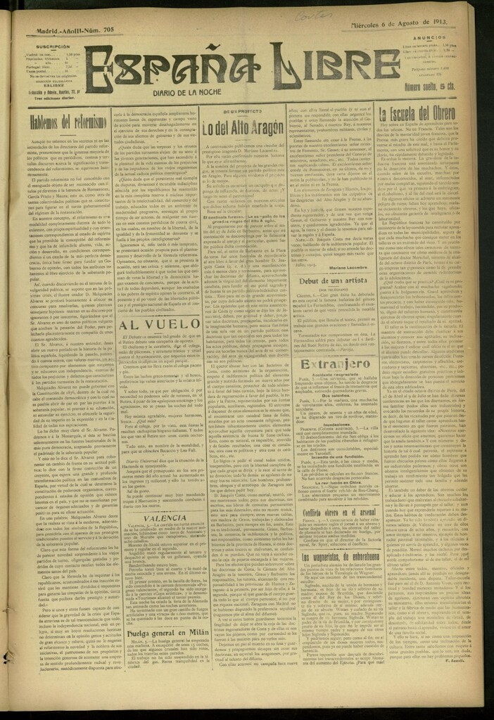 Miniatura de España Libre : Diario de la noche del 6 de agosto de 1913, nº 705