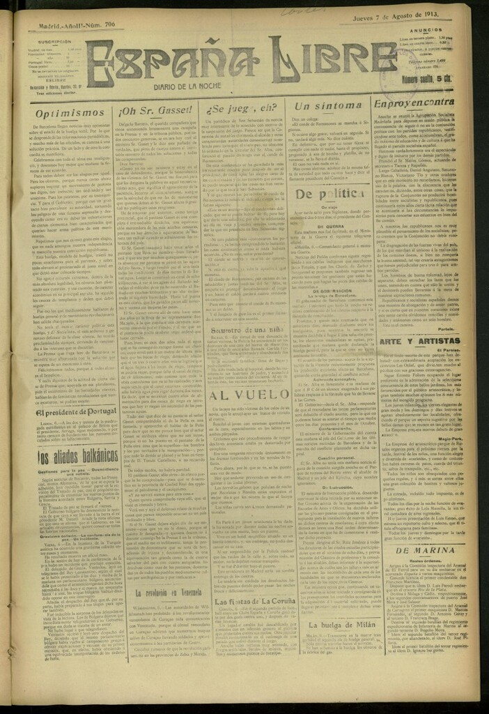Miniatura de España Libre : Diario de la noche del 7 de agosto de 1913, nº 706