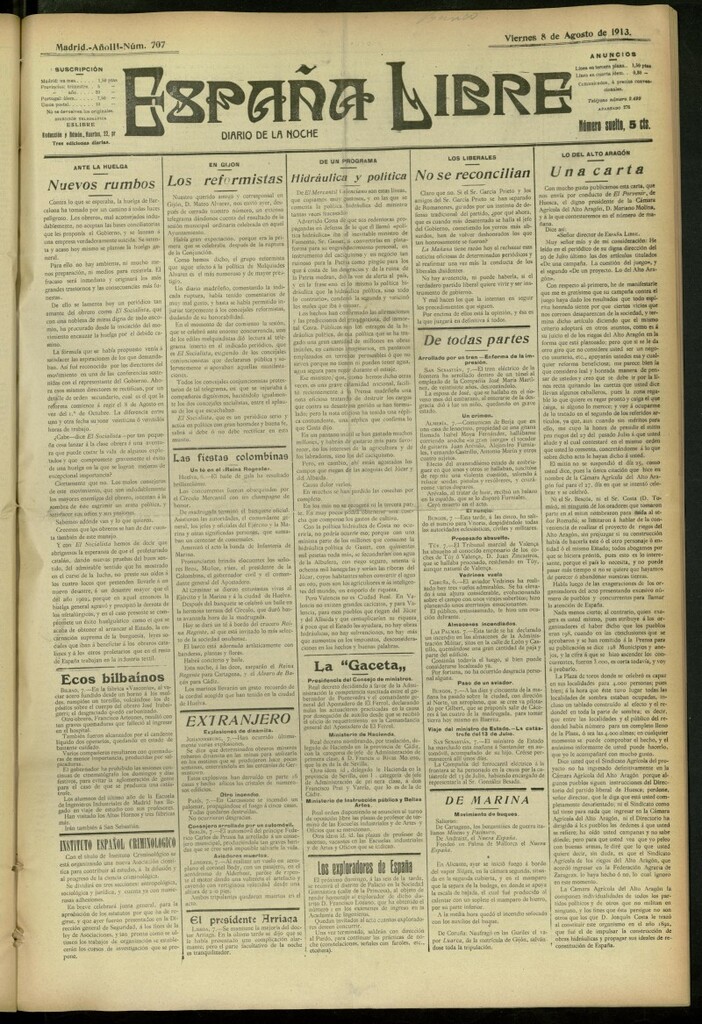 Miniatura de España Libre : Diario de la noche del 8 de agosto de 1913, nº 707
