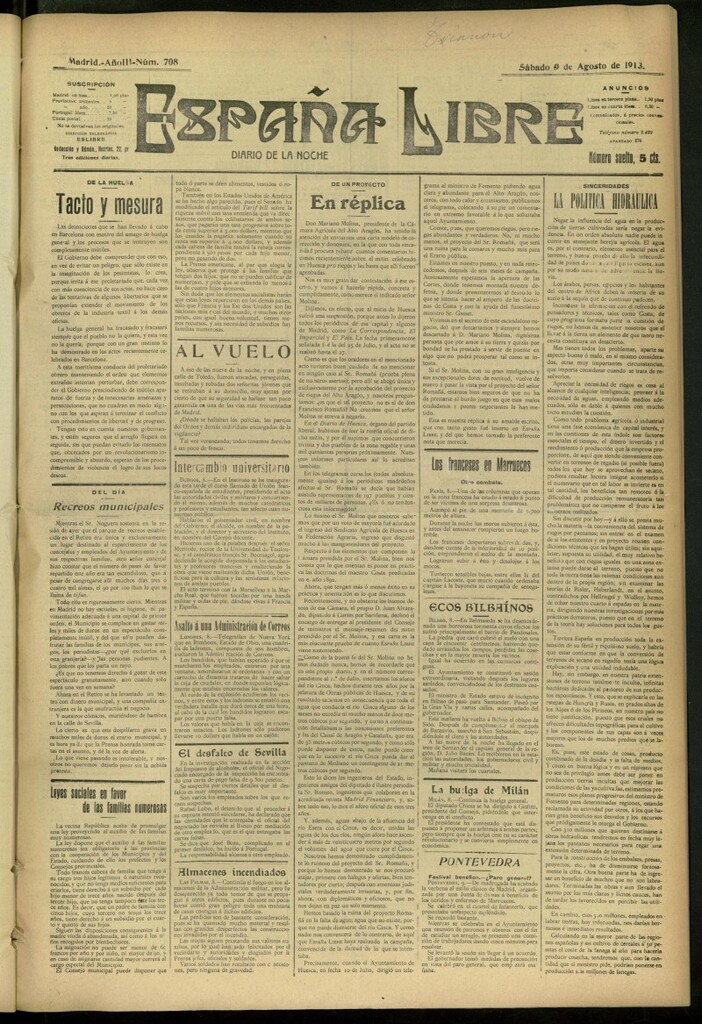 Miniatura de España Libre : Diario de la noche del 9 de agosto de 1913, nº 708