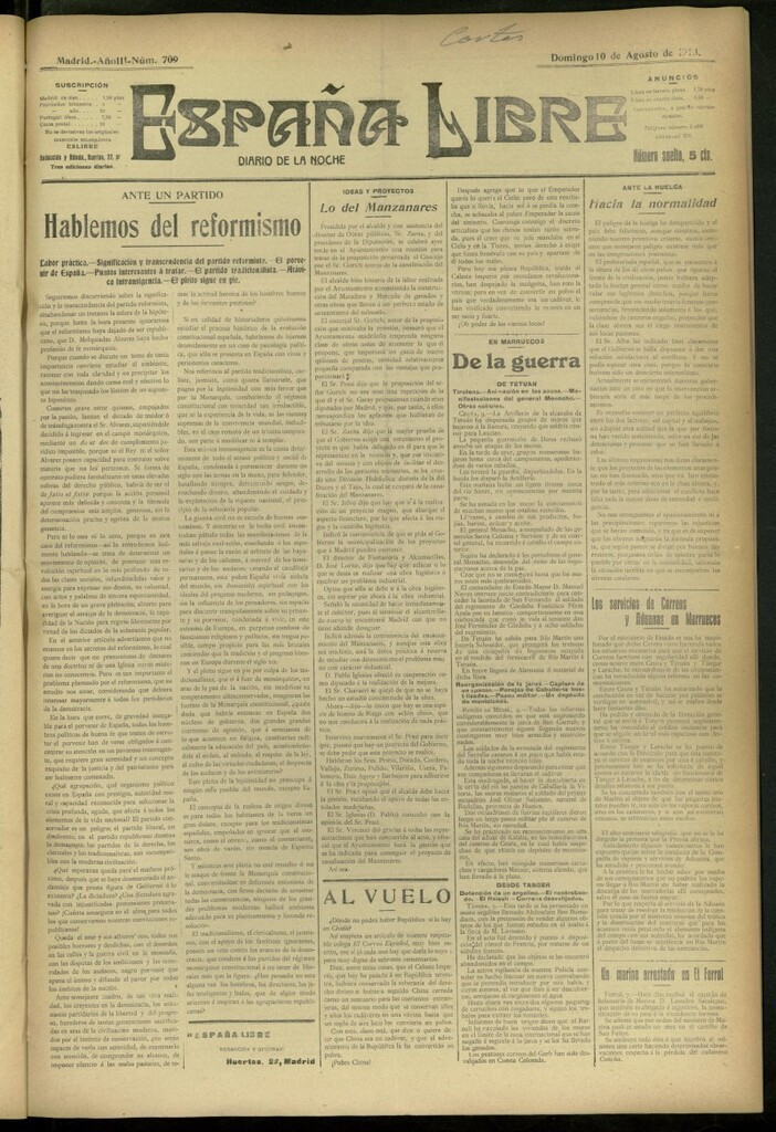 Miniatura de España Libre : Diario de la noche del 10 de agosto de 1913,nº 709