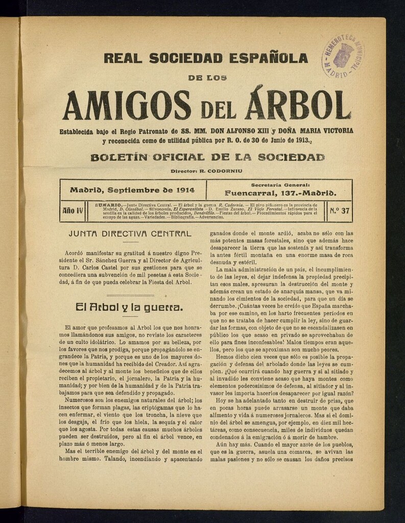 Miniatura de Boletín Comisión organizadora de la Sociedad Española de los amigos del árbol de septiembre de 1914