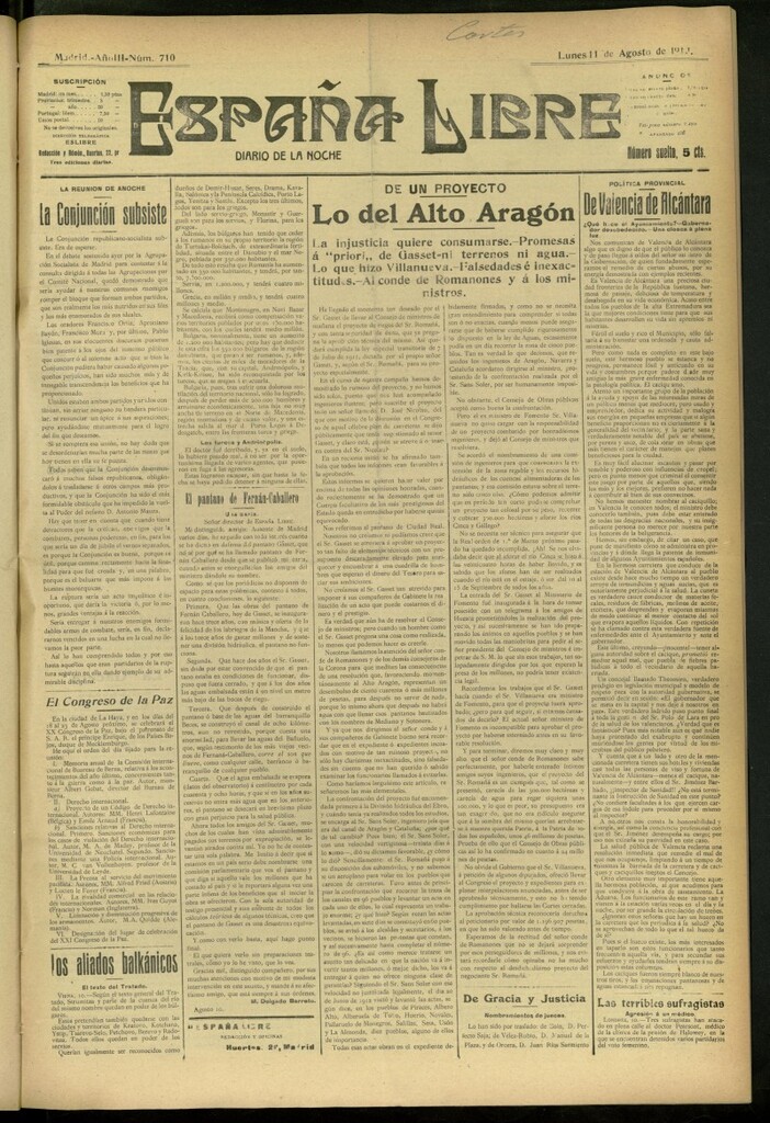 Miniatura de España Libre : Diario de la noche del 11 de agosto de 1913, nº 710