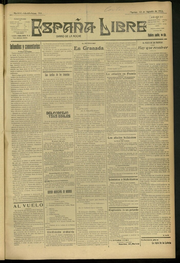 Miniatura de España Libre : Diario de la noche del 12 de agosto de 1913, nº 711