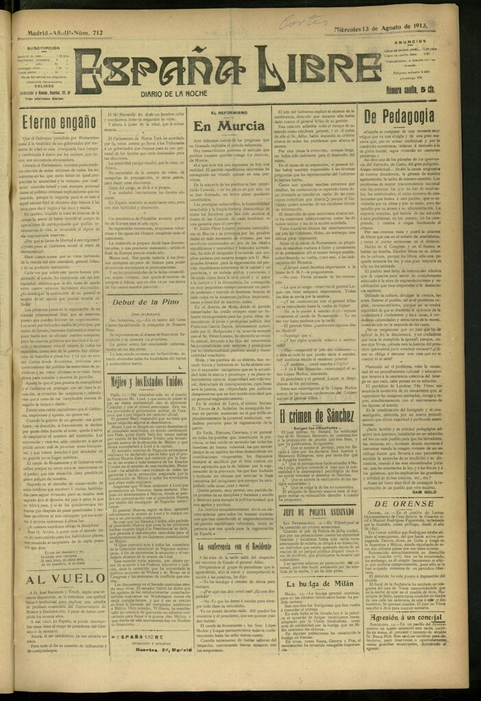 Miniatura de España Libre : Diario de la noche del 13 de agosto de 1913, nº 712