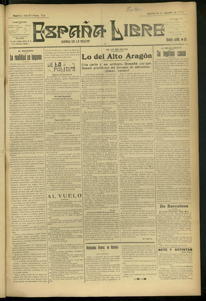 Miniatura de España Libre : Diario de la noche del 14 de agosto de 1913, nº 713