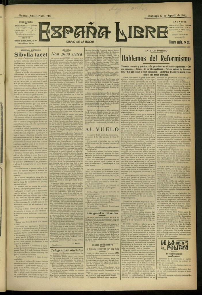 Miniatura de España Libre : Diario de la noche del 17 de agosto de 1913, nº 716