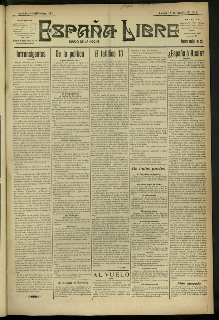 Miniatura de España Libre : Diario de la noche del 18 de agosto de 1913, nº 717
