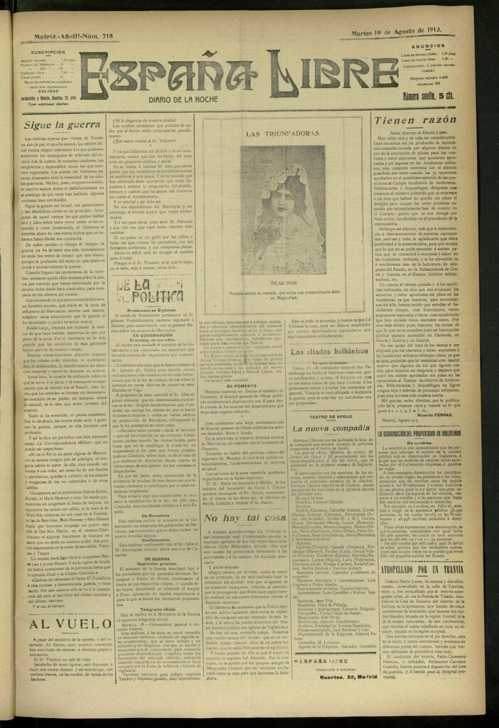 Miniatura de España Libre : Diario de la noche del 19 de agosto de 1913, nº 718
