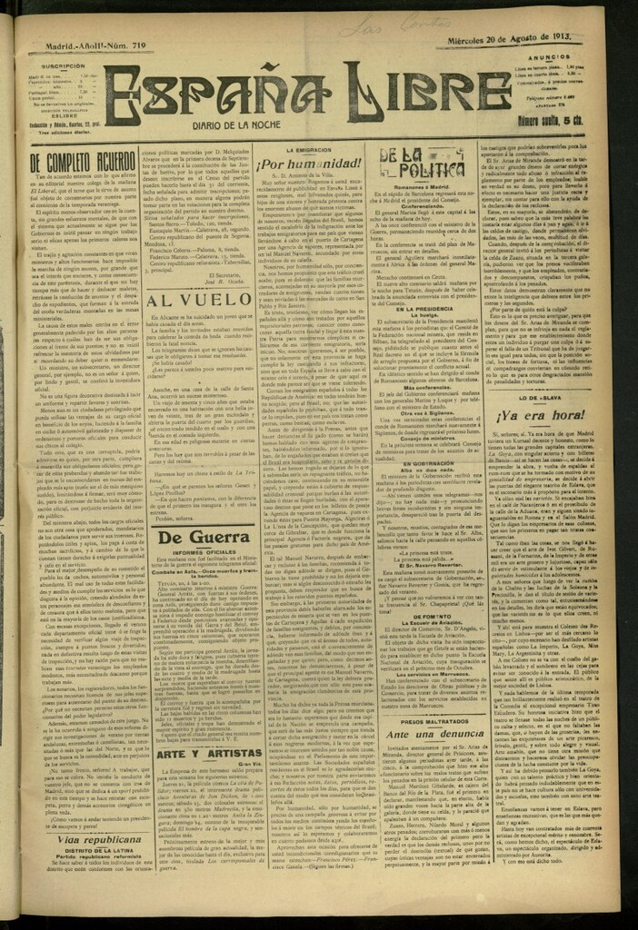 Miniatura de España Libre : Diario de la noche del 20 de agosto de 1913, nº 719