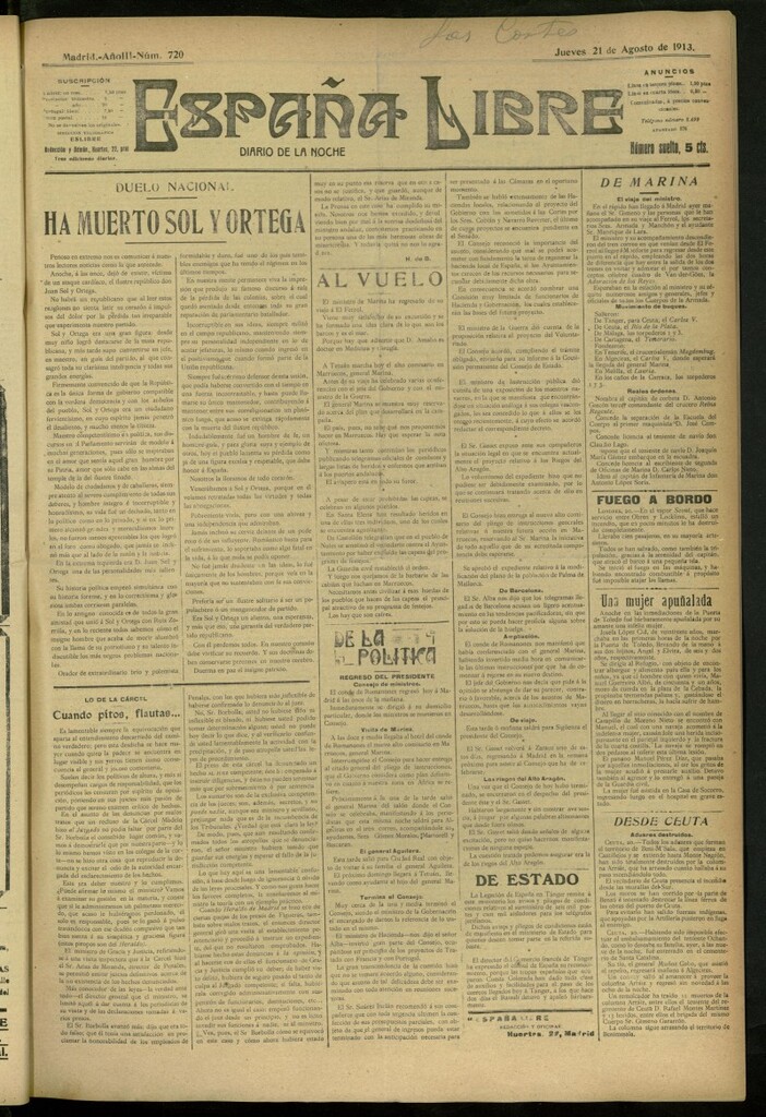 Miniatura de España Libre : Diario de la noche del 21 de agosto de 1913, nº 720