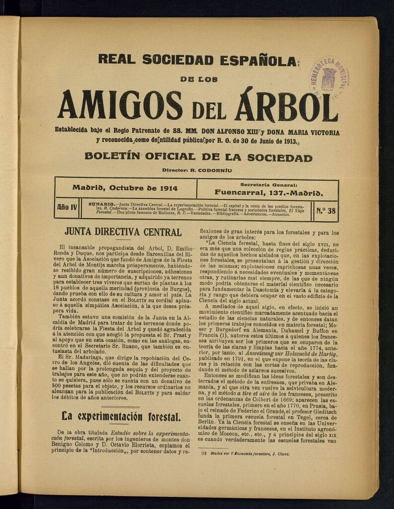 Miniatura de Boletín Comisión organizadora de la Sociedad Española de los amigos del árbol de octubre de 1914