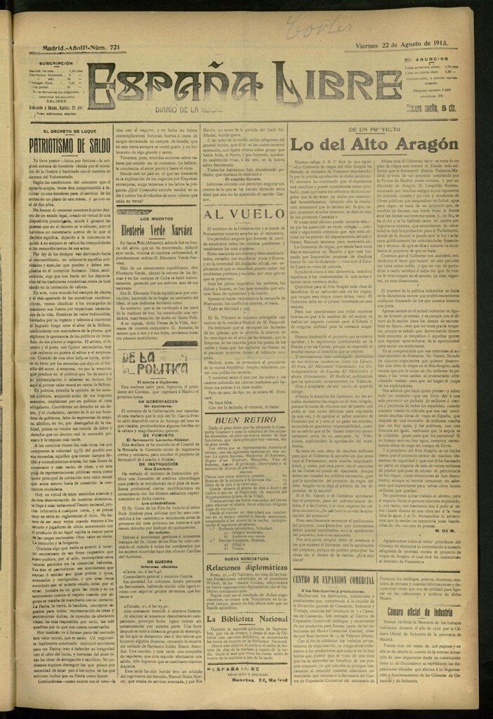 Miniatura de España Libre : Diario de la noche del 22 de agosto de 1913, nº 721